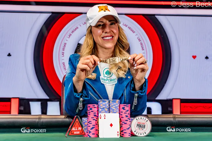 Kristen Foxen celebrates her sixth WSOP bracelet.